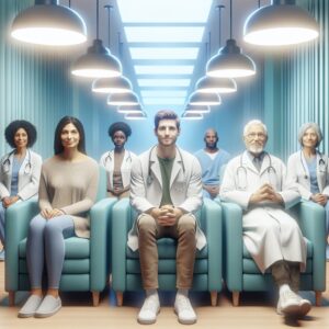 An image depicting a serene and modern hospital research facility. In the foreground, diverse individuals, appearing calm and engaged, sit in comfortable chairs in a well-lit room. Medical staff, in white coats, monitor the scene from a distance, suggesting a clinical trial atmosphere focused on mental health. Soft blue and green tones dominate the color palette, evoking healing and tranquility.