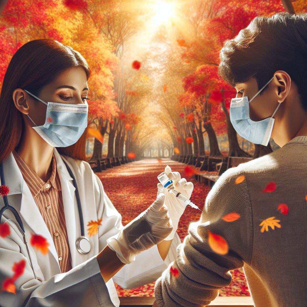 An illustration of a healthcare worker administering a vaccine in an autumn setting, with leaves falling and wearing protective gear.