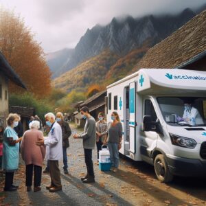 Un bus mobile pour la vaccination stationné dans une commune rurale de l'Ariège, entouré de montagnes, avec des professionnels de santé accueillant des habitants de tous âges, dans un cadre convivial et chaleureux en automne.