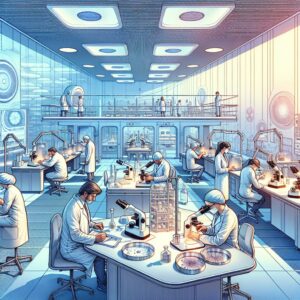 An illustration of a modern medical research facility with scientists conducting experiments on psychedelic substances, in a calm and clinical environment.