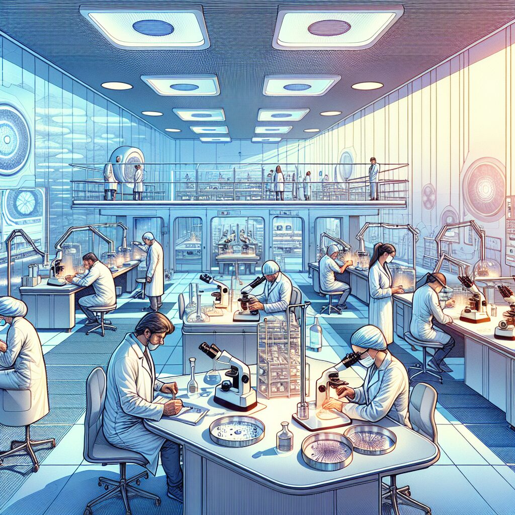 An illustration of a modern medical research facility with scientists conducting experiments on psychedelic substances, in a calm and clinical environment.