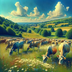 A serene countryside scene in Haute-Vienne, France, with a focus on a herd of healthy cows grazing peacefully under a clear blue sky, symbolizing health and monitoring measures. The landscape is lush and vibrant, conveying a sense of balance between nature and agriculture.