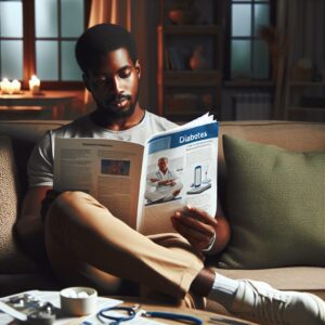 An engaging image showing a person reading a healthcare journal with focus on diabetes management, highlighting medical tools and lifestyle elements like diet and exercise. The setting is a cozy living room, symbolizing comfort and support.
