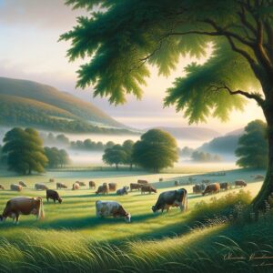 Field with cows in Haute-Vienne, peaceful pastoral scene, early morning light, misty hills in the background, illustration style.