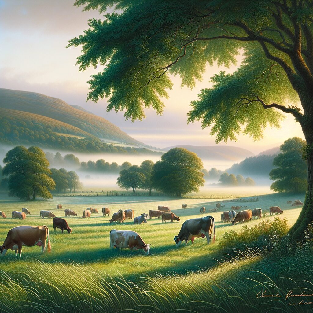 Field with cows in Haute-Vienne, peaceful pastoral scene, early morning light, misty hills in the background, illustration style.