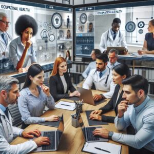 A diverse group of professionals attending a web conference on occupational health with focus on prevention plans and point usage. The setting is modern and everyone looks engaged and interested.