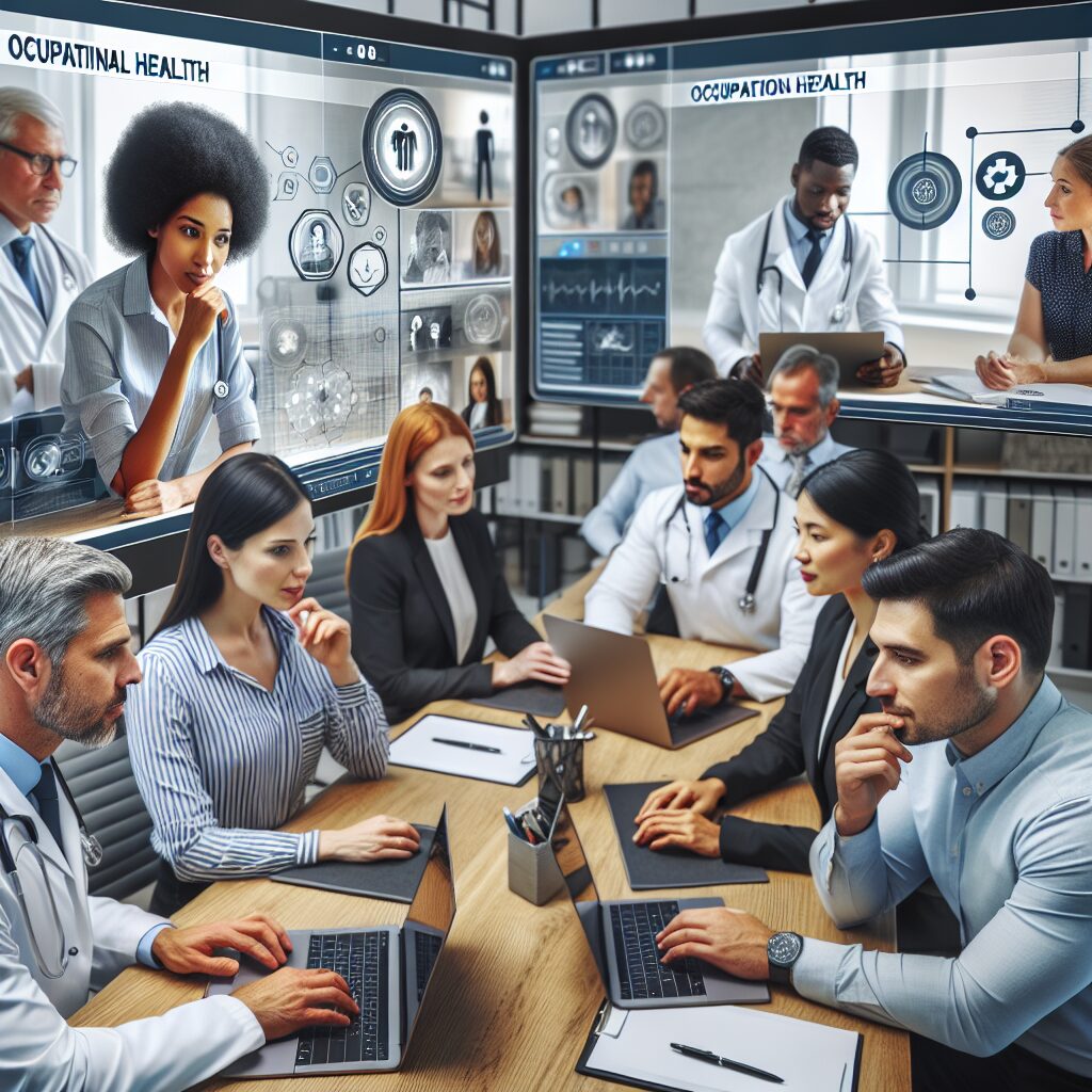 A diverse group of professionals attending a web conference on occupational health with focus on prevention plans and point usage. The setting is modern and everyone looks engaged and interested.