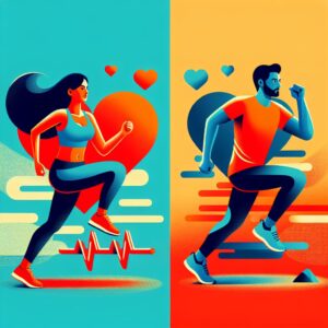 Illustration d'une femme et un homme faisant du sport, montrant les différences biologiques en matière d'activité physique et de santé cardiaque, style moderne, couleurs vives, ambiance dynamique.