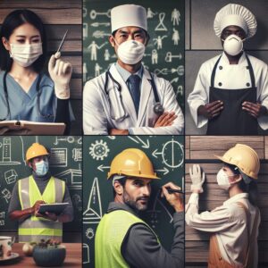 A detailed image showing a diverse group of workers from various industries, highlighting the importance of workplace safety and health. Include visual elements like protective gear and a professional setting, focusing on teamwork and awareness.