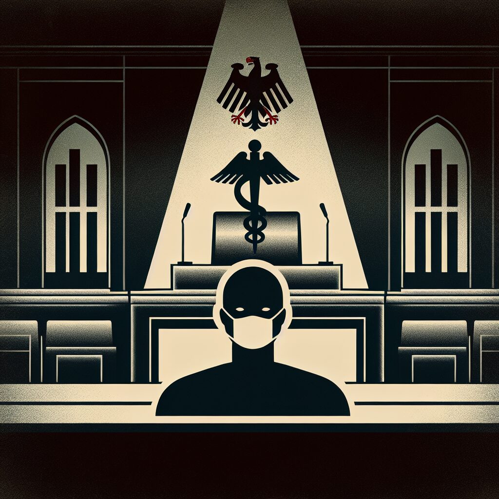 Illustration d'un tribunal avec un accusé au visage dissimulé, ambiance sombre, pour symboliser le jugement d'un soignant en Allemagne.