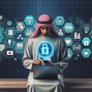 Une illustration moderne d'une personne utilisant un ordinateur portable et un smartphone pour accéder à des services en ligne de santé, avec des éléments visuels représentant la sécurité sociale et ses services numériques en arrière-plan.