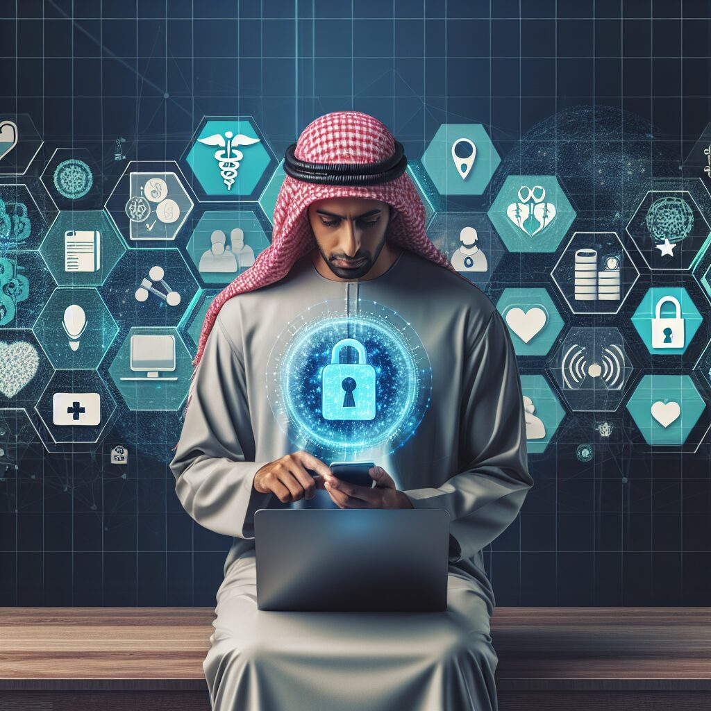 Une illustration moderne d'une personne utilisant un ordinateur portable et un smartphone pour accéder à des services en ligne de santé, avec des éléments visuels représentant la sécurité sociale et ses services numériques en arrière-plan.