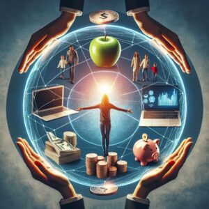 An insightful and detailed illustration showing a self-employed worker balancing various life aspects like health, family, business, and finance. The image should convey a sense of harmony and protection, symbolizing security in self-employment.