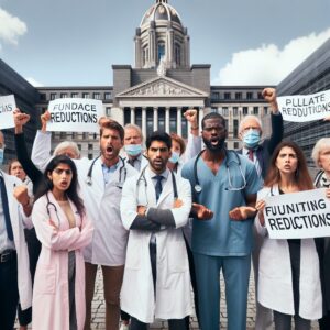 A group of doctors protesting outside a hospital, holding banners against budget cuts, with a backdrop of the European Parliament in Brussels, illustrating the tension between medical professionals and policymakers.