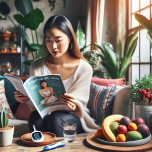 A comforting and informative scene of a person reading a health magazine titled 'Sophia et Vous' in a cozy living room, surrounded by elements that suggest a healthy lifestyle, such as fruits, a glass of water, and blood sugar monitoring devices.