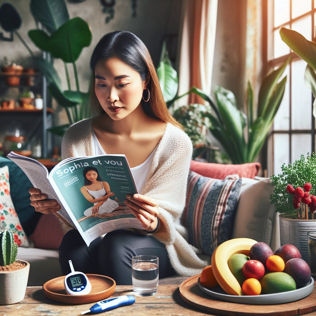 A comforting and informative scene of a person reading a health magazine titled 'Sophia et Vous' in a cozy living room, surrounded by elements that suggest a healthy lifestyle, such as fruits, a glass of water, and blood sugar monitoring devices.