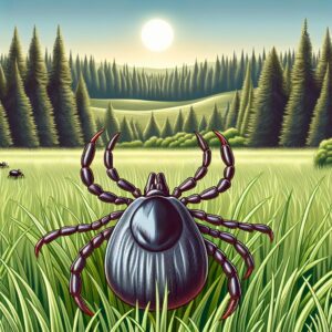 A detailed illustration of a tick on a grassy field. The tick should be realistically depicted, showing its features prominently. In the background, a serene forest landscape can be seen, symbolizing the natural habitat where ticks are commonly found.
