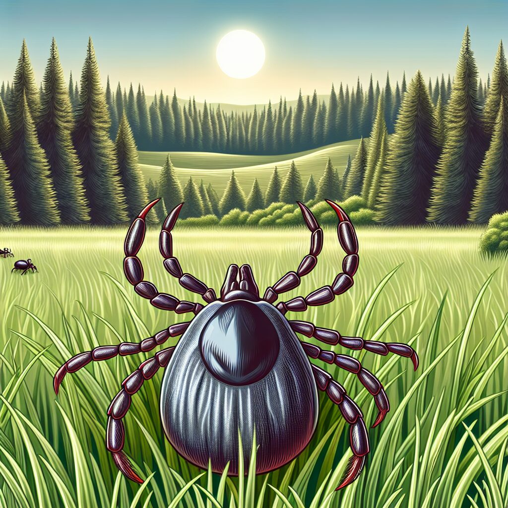 A detailed illustration of a tick on a grassy field. The tick should be realistically depicted, showing its features prominently. In the background, a serene forest landscape can be seen, symbolizing the natural habitat where ticks are commonly found.