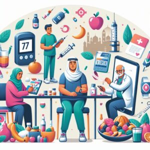 An informative and supportive illustration showing a diabetic patient managing their health with dietary adjustments, medical check-ups, and lifestyle changes. Include elements like healthy food, medical equipment, and a supportive environment.