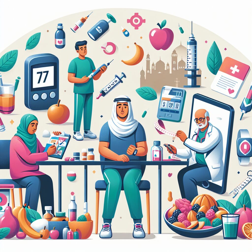 An informative and supportive illustration showing a diabetic patient managing their health with dietary adjustments, medical check-ups, and lifestyle changes. Include elements like healthy food, medical equipment, and a supportive environment.