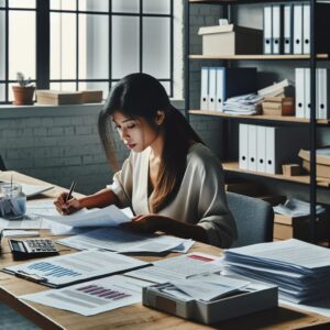 A professional workspace with a freelance worker sitting at a desk, surrounded by health and business-related documents, symbolizing the support and guidance available for independent workers to protect their health and livelihood.