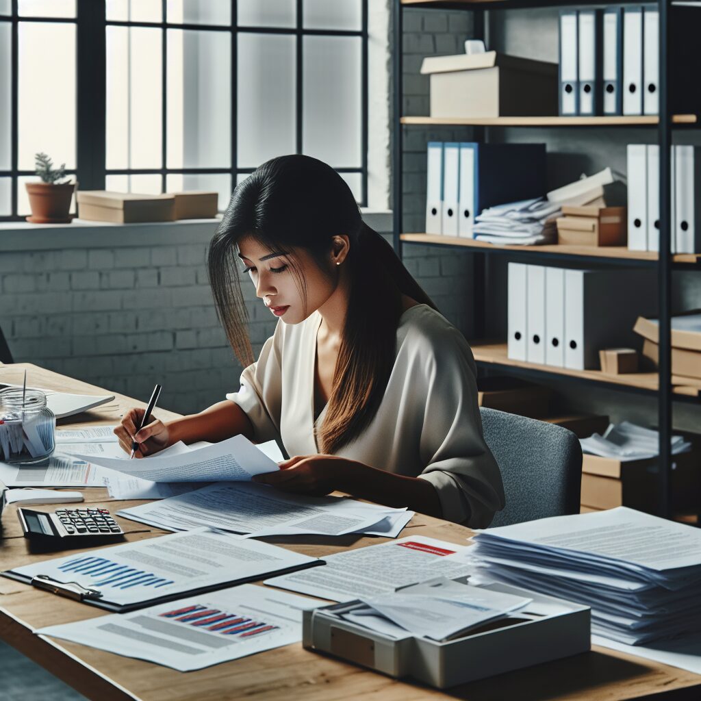 A professional workspace with a freelance worker sitting at a desk, surrounded by health and business-related documents, symbolizing the support and guidance available for independent workers to protect their health and livelihood.