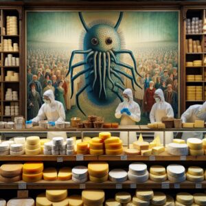 Image d'un fromagerie traditionnelle avec divers fromages, mettant l'accent sur la sécurité alimentaire et la vigilance sanitaire, représentation de la bactérie Listeria en arrière-plan.