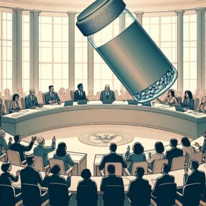 Illustration of a heated debate in the French National Assembly, with politicians arguing passionately about pharmaceutical laws, under the watchful eye of a giant pill bottle above them.