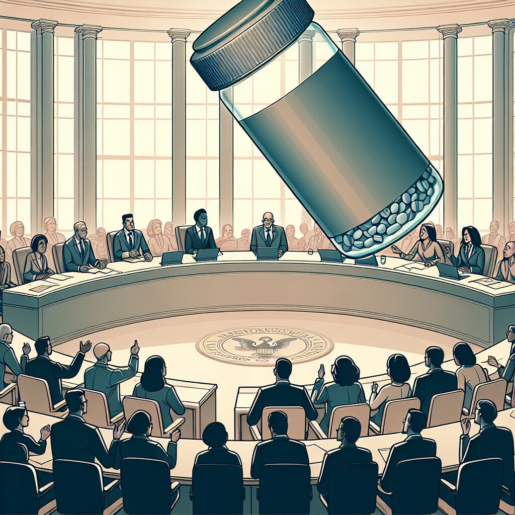 Illustration of a heated debate in the French National Assembly, with politicians arguing passionately about pharmaceutical laws, under the watchful eye of a giant pill bottle above them.