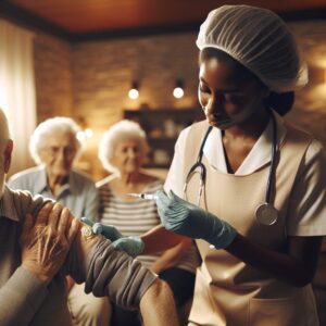A group of elderly residents in an Ehpad getting vaccinated by a healthcare worker, with a focus on a compassionate interaction, soft, warm lighting, indoor setting, health and safety theme.