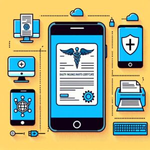 An informative and clear illustration showing a smartphone displaying a digital health insurance rights certificate, surrounded by icons representing a computer, a printer, and a France services center, highlighting the ease of access to obtaining the document.