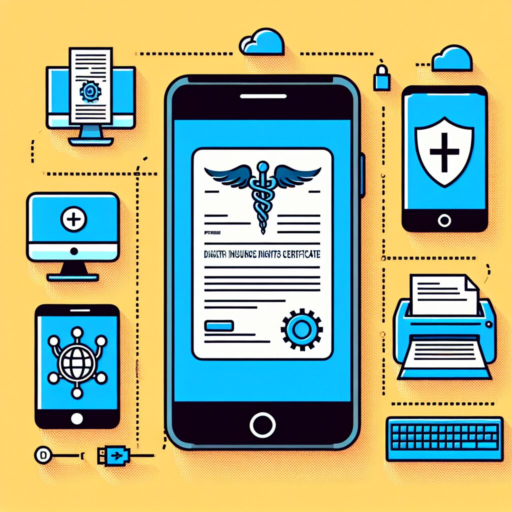 An informative and clear illustration showing a smartphone displaying a digital health insurance rights certificate, surrounded by icons representing a computer, a printer, and a France services center, highlighting the ease of access to obtaining the document.