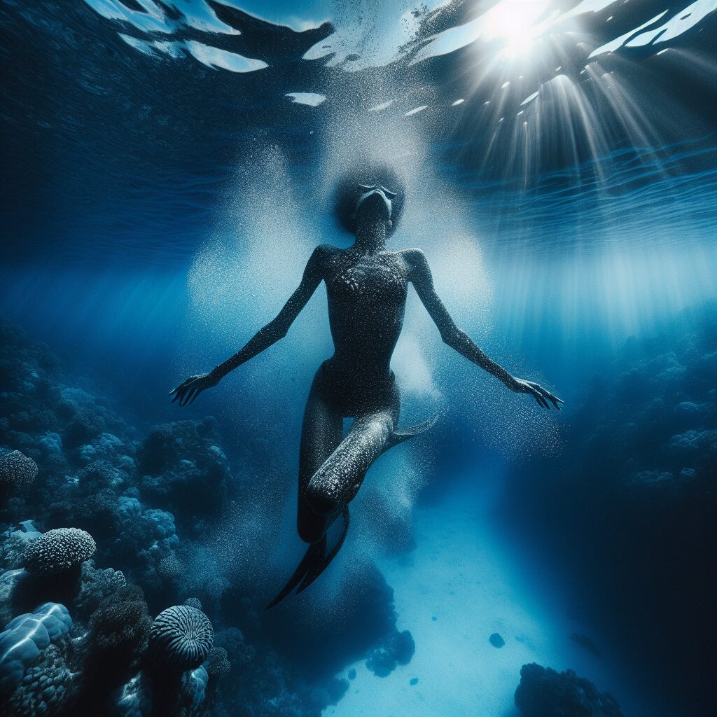 A breathtaking underwater scene capturing a freediver in a deep diving position, surrounded by bubbles and the serene blue of the ocean, light rays filtering through the water, conveying both beauty and the risk of the dive.