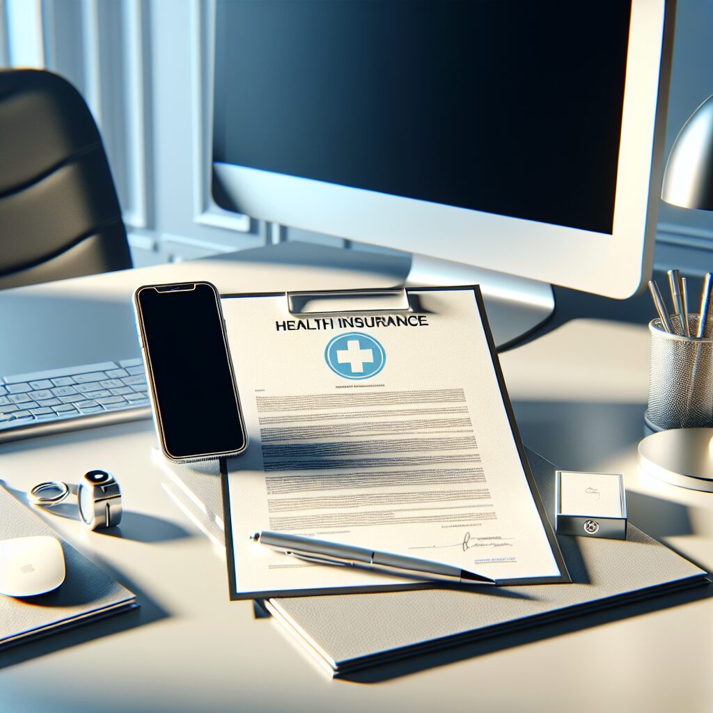 An official looking document with the French health insurance logo, accompanied by a computer and a smartphone, indicating digital access. The setting should be a modern, brightly lit office desk.