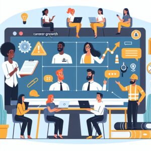 An illustrative image depicting a professional webinar on the topic of career development and safety, with diverse participants engaging actively online, and symbols of prevention and career advancement like training books, a computer, and safety equipment.