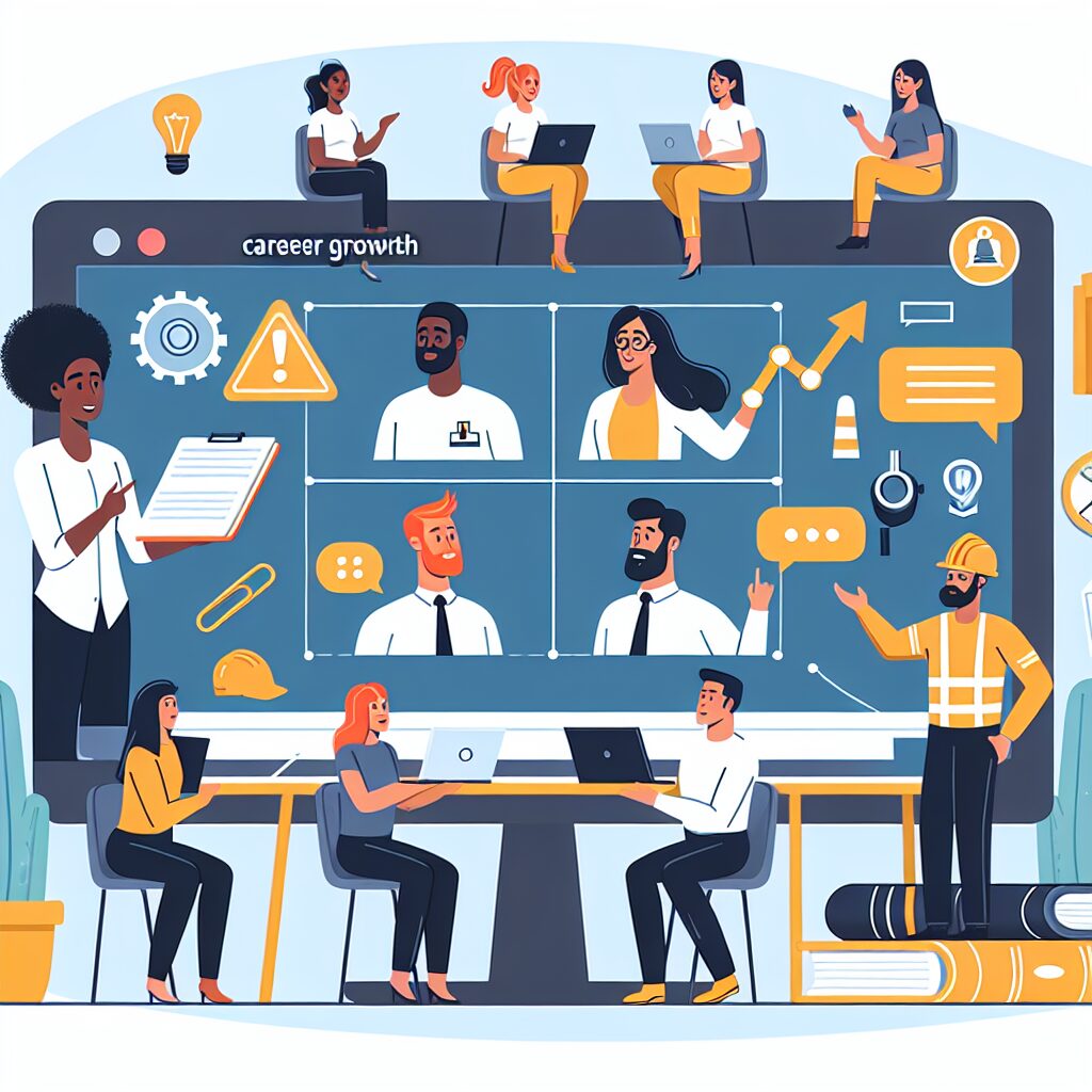 An illustrative image depicting a professional webinar on the topic of career development and safety, with diverse participants engaging actively online, and symbols of prevention and career advancement like training books, a computer, and safety equipment.