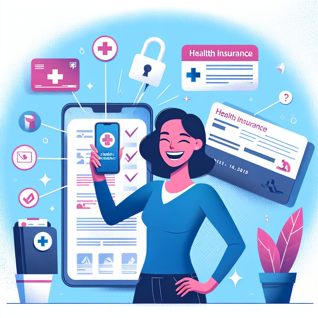 Une illustration montrant une personne heureuse, tenant son smartphone avec l'application Ameli ouverte, entourée d'éléments symboliques de l'assurance maladie, comme une carte Vitale et des documents administratifs, dans un cadre lumineux et moderne.