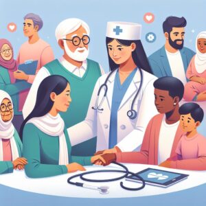 An informative illustration depicting a diverse group of people accessing healthcare services with a supportive system, embodying the concept of solidarity in health coverage.