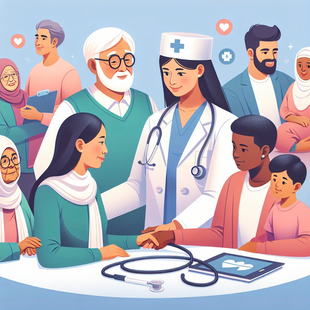 An informative illustration depicting a diverse group of people accessing healthcare services with a supportive system, embodying the concept of solidarity in health coverage.