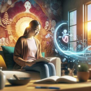 A comforting and supportive scene of a person with diabetes, reading a health journal at a cozy home setting, with medical symbols subtly incorporated in the background, warm colors and a hopeful atmosphere.