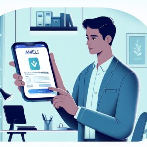 Illustration d'une personne utilisant un smartphone pour accéder à une attestation de droits à l’Assurance Maladie, montrant une interface Ameli moderne et intuitive, avec des couleurs apaisantes et une ambiance de bureau.