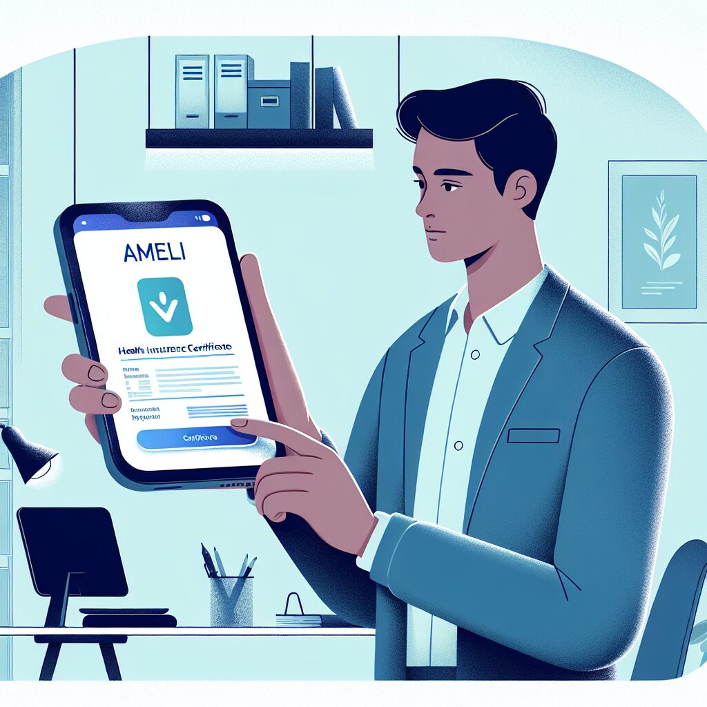 Illustration d'une personne utilisant un smartphone pour accéder à une attestation de droits à l’Assurance Maladie, montrant une interface Ameli moderne et intuitive, avec des couleurs apaisantes et une ambiance de bureau.