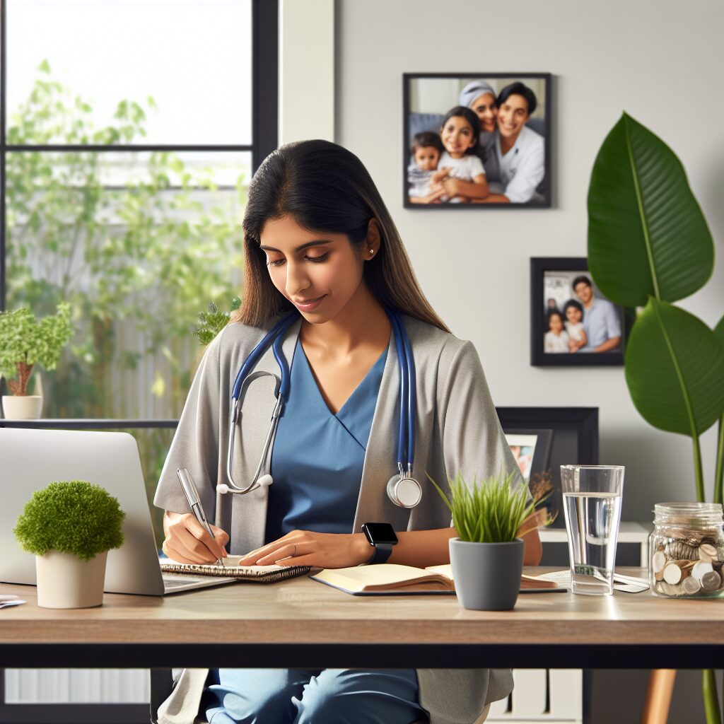 A professional freelancer working from a home office, surrounded by wellness elements like plants, a glass of water, and a neat desk. In the background, symbolic health elements like a stethoscope and a family photo, signifying the balance between professional life and health.