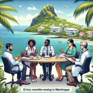 Illustration d'un comité d'experts en réunion en Martinique, discutant de stratégies contre les maladies infectieuses, ambiance professionnelle et collaborative, tropicale.