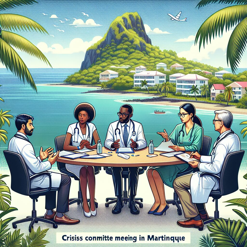 Illustration d'un comité d'experts en réunion en Martinique, discutant de stratégies contre les maladies infectieuses, ambiance professionnelle et collaborative, tropicale.