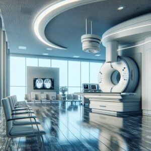 Une salle d'attente vide dans un cabinet de radiologie moderne, symbolisant une grève du personnel médical, avec des équipements d'imagerie médicale en arrière-plan. Ambiance sérieuse et professionnelle.