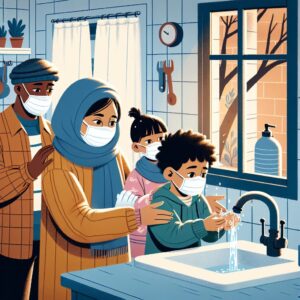 A family practicing winter health safety measures inside a cozy home. They are diligently washing hands, with a window slightly open for ventilation, and a parent assisting a younger child with wearing a mask. The setting is warm and inviting, emphasizing the importance of these preventive measures in a harmonious household setting.