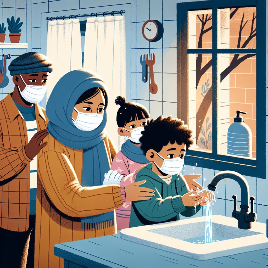 A family practicing winter health safety measures inside a cozy home. They are diligently washing hands, with a window slightly open for ventilation, and a parent assisting a younger child with wearing a mask. The setting is warm and inviting, emphasizing the importance of these preventive measures in a harmonious household setting.