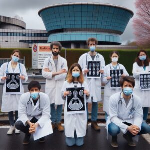 Des radiologues en grève devant un centre d'imagerie médicale, avec des pancartes et expressions préoccupées, en Moselle, journée nuageuse.