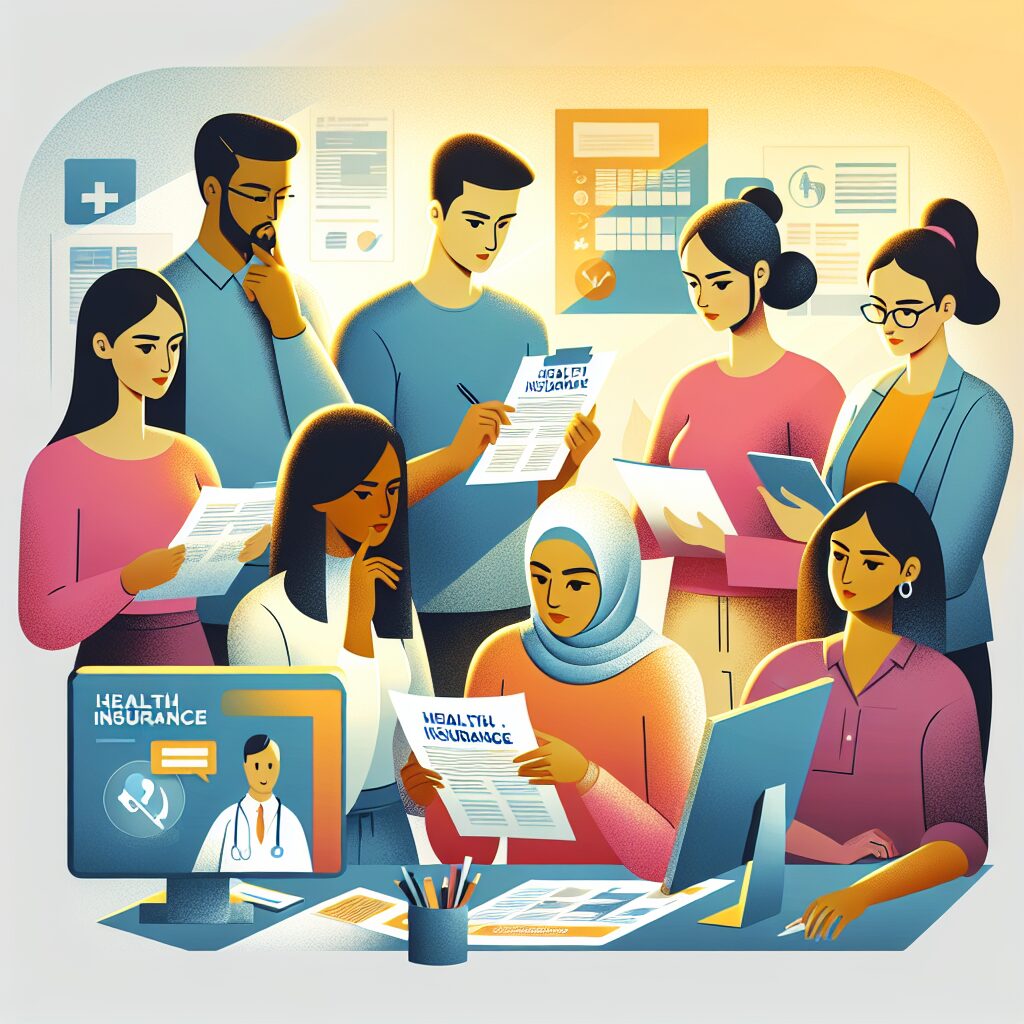 An informative illustration showing diverse individuals considering health insurance options, some holding documents, others looking at a computer screen, in a bright and reassuring setting.